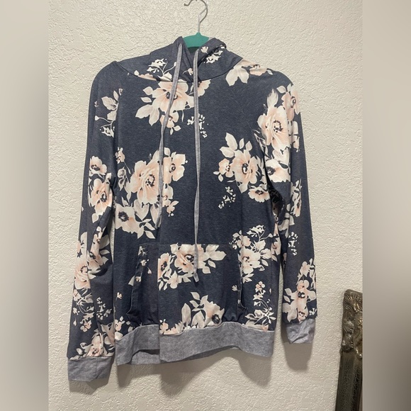 ANGASHION MARLED GRAY AND BLUSH PINK FLORAL LS SOFT STRETCHY HOODIE TOP Sz s - Picture 1 of 4